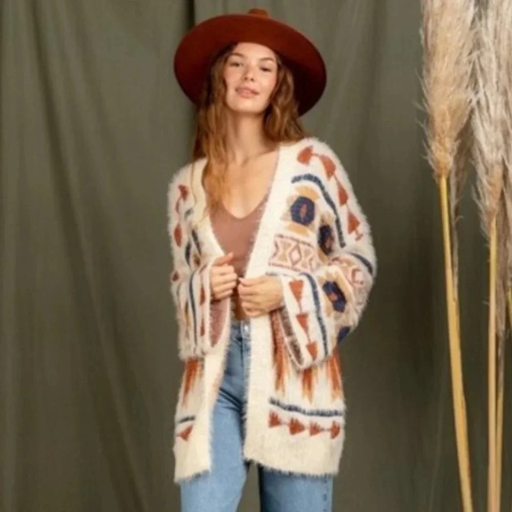 Boho Aztec Cozy Cream Cardigan Sweater New